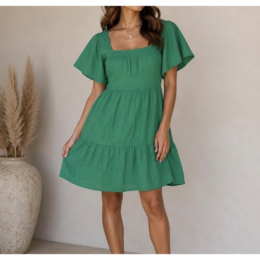 Loft Women's Linen Blend Square Neck Tiered Dress Flutter sleeve Green XSPetite